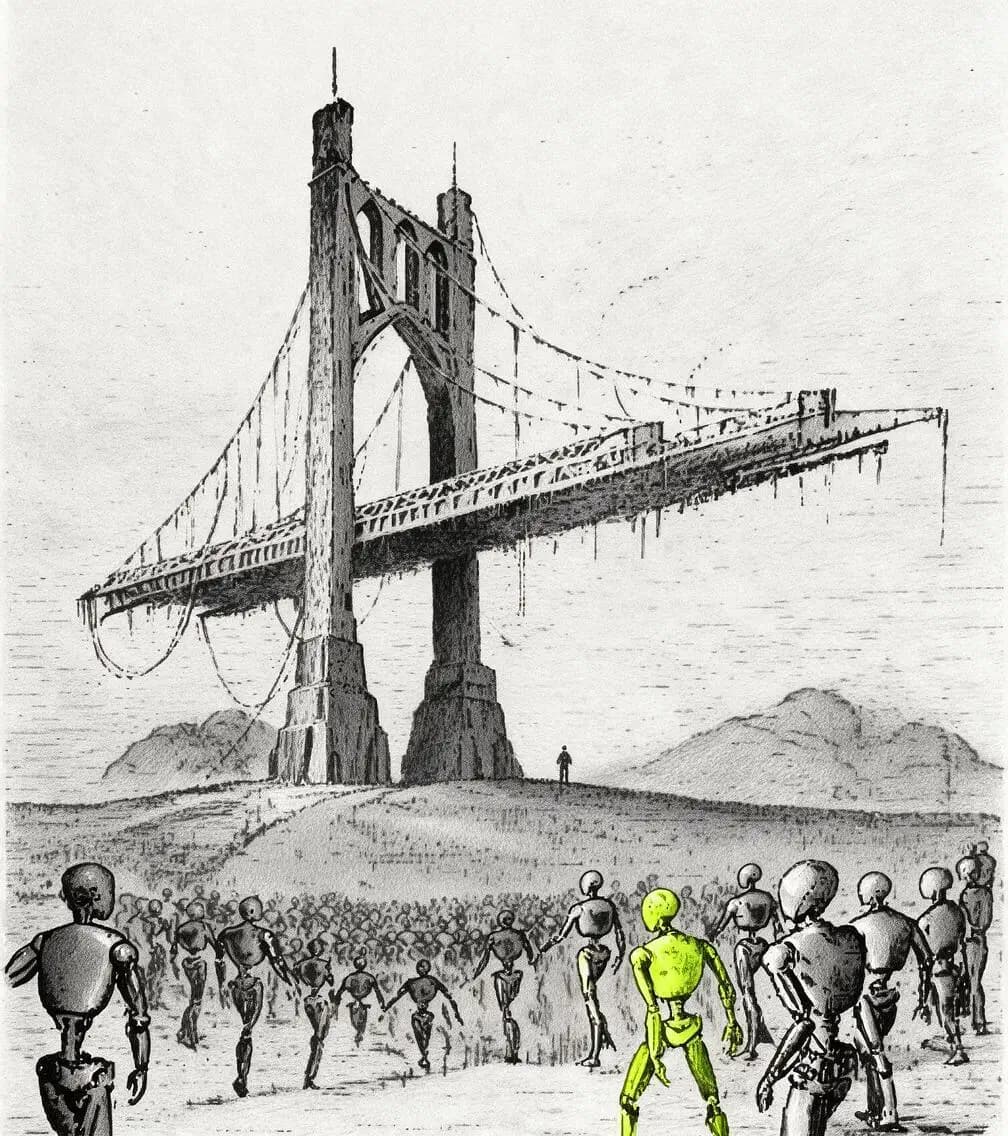 Pencil illustration of a suspension bridge, with one lime-green figure standing apart from a crowd of identical grey ones.