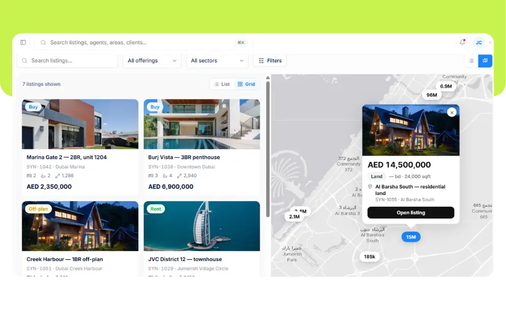 Property listings as pins on an interactive map, with filters for area, price and bedrooms and a listing card below it